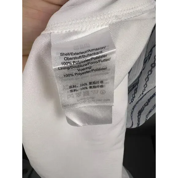 DKNY Wrap Dress, Blue White Chain Stripe, Sleeveless, Belted Asymmetrical Hem - Picture 12 of 13